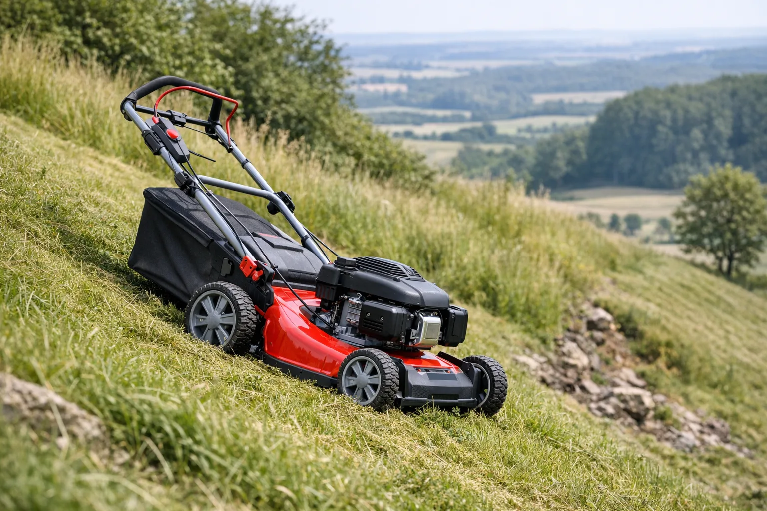 Richtiger Umgang mit Rasenmaehern an Steigungen und Haengen